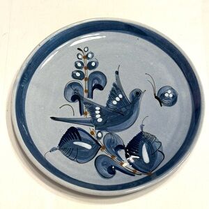 Mexican Tonala Hand Painted Blue Ceramic Bird Plate